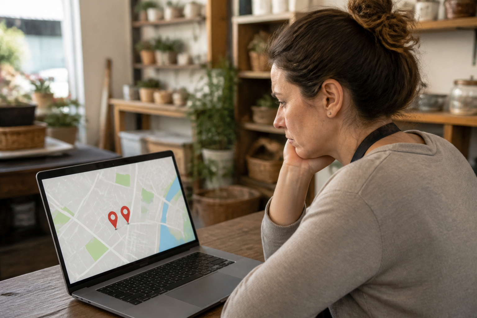 Business owner searching for duplicate Google listings on a laptop map