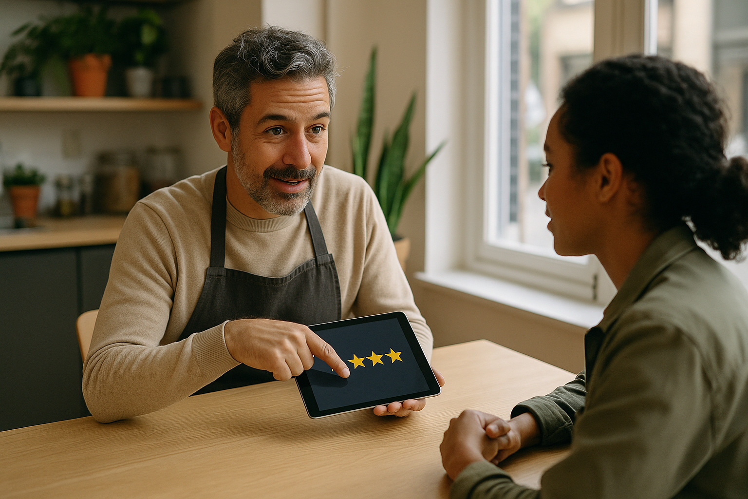 A local business owner discussing services with a customer, focusing on reviews