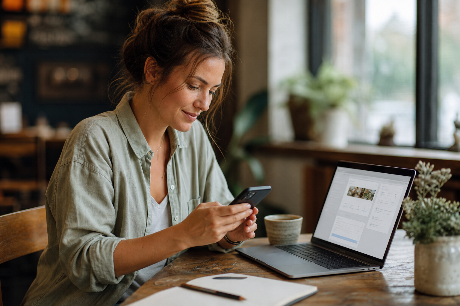 Small business owner creating a google business posts update on smartphone in cafe
