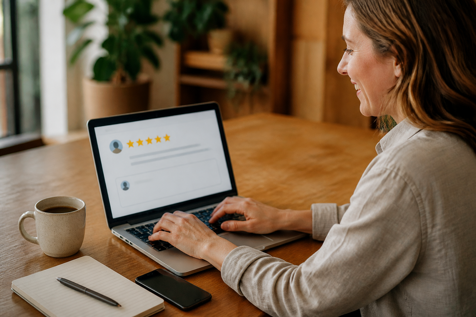 Small business owner learning how to respond to Google reviews on a laptop