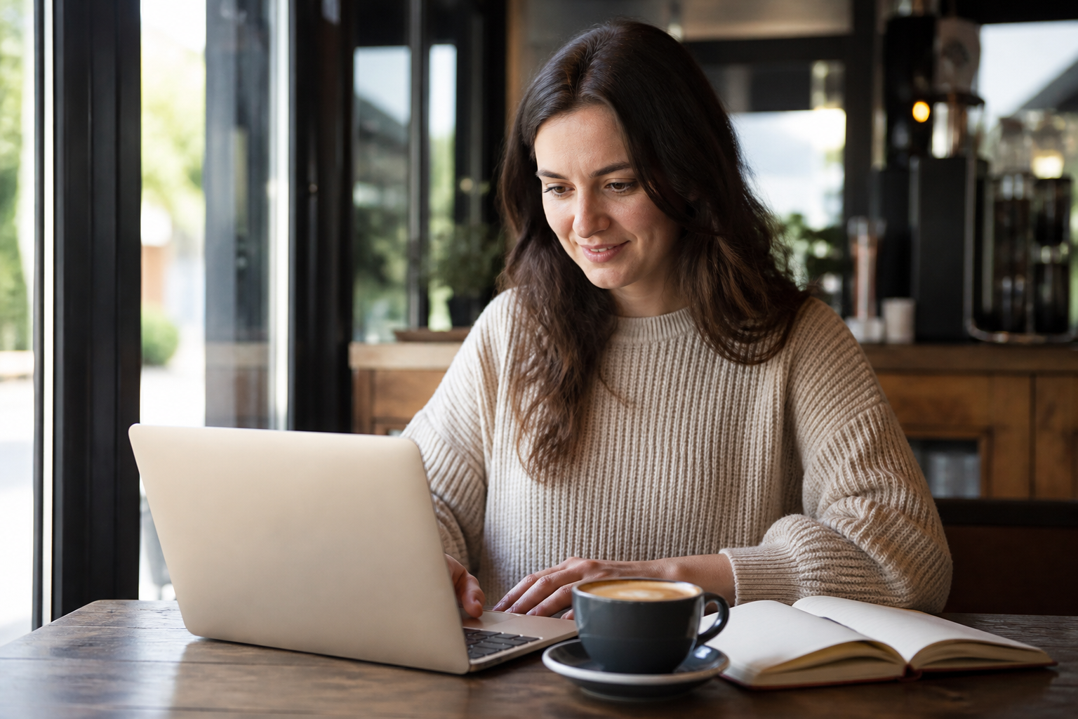 Small business owner replying to Google reviews on a laptop at a cafe desk