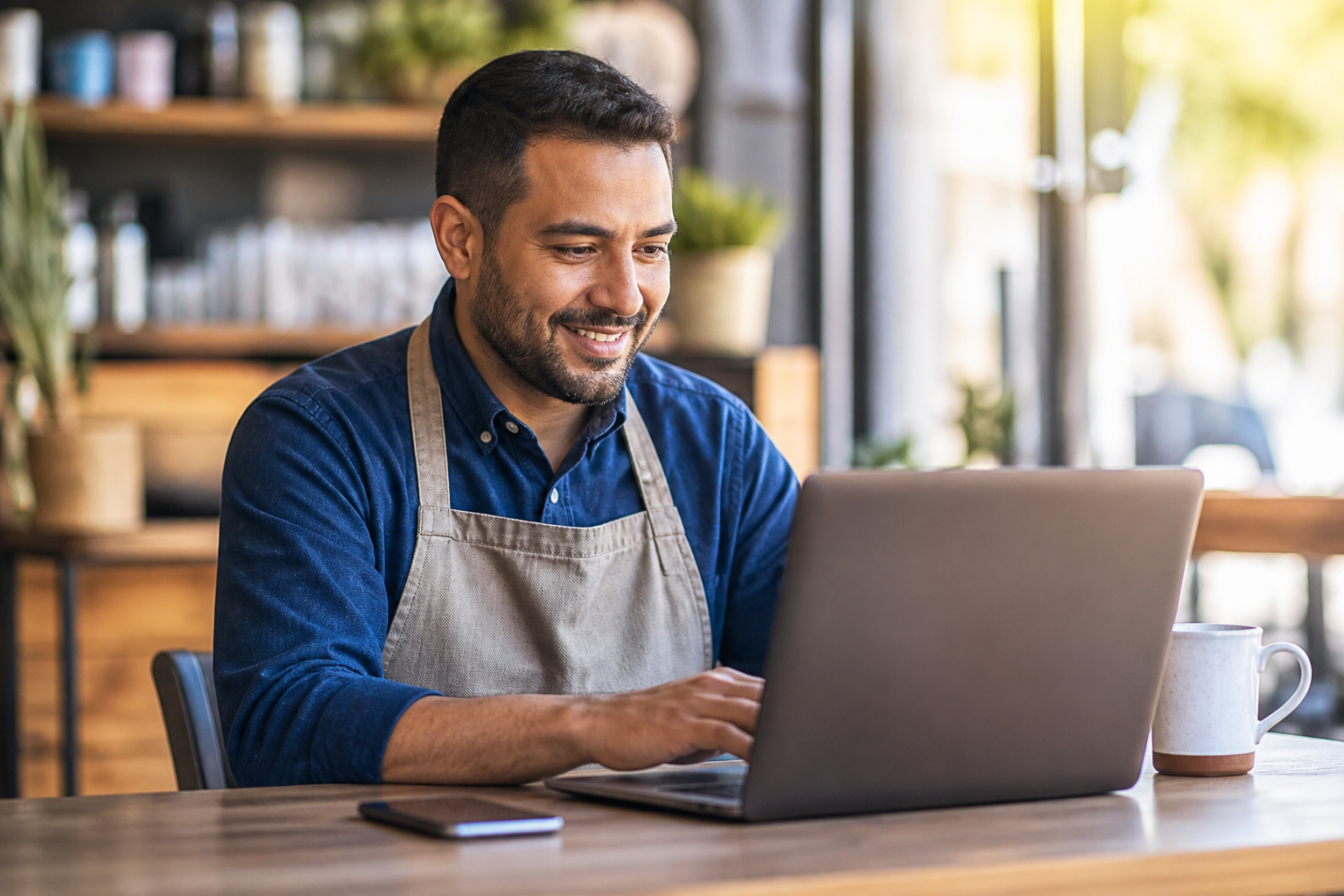 Business owner learning how to respond to Google reviews on a laptop in a cafe