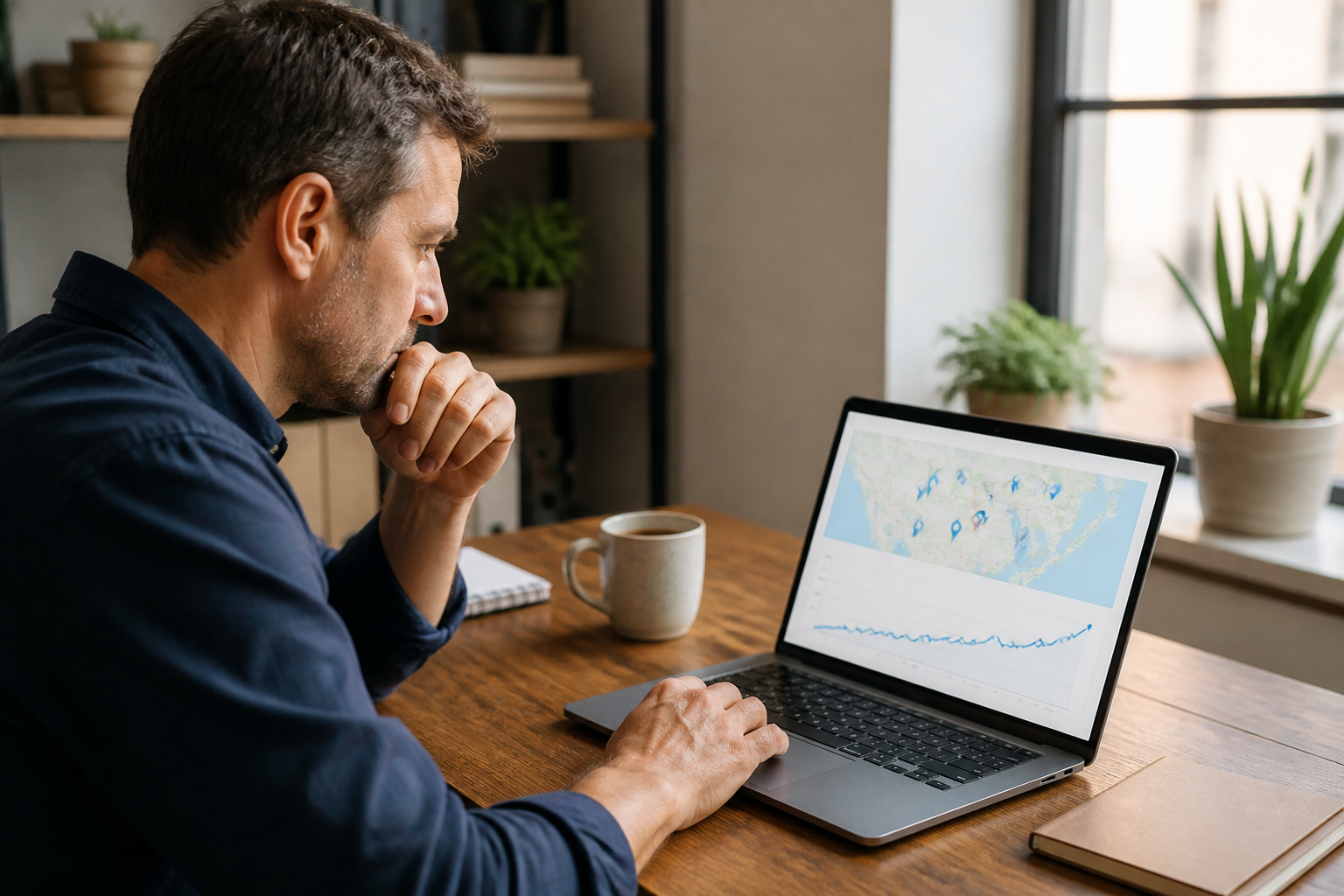 Small business owner using a local rank tracker tool to monitor Google Maps rankings.