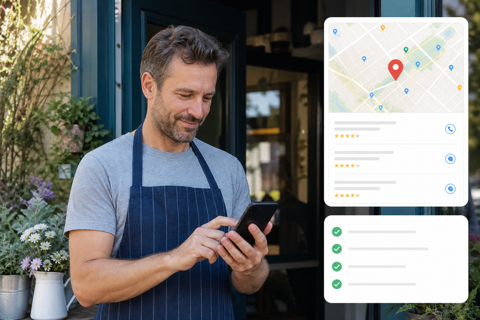 Small business owner using local SEO checklist on smartphone outside shop