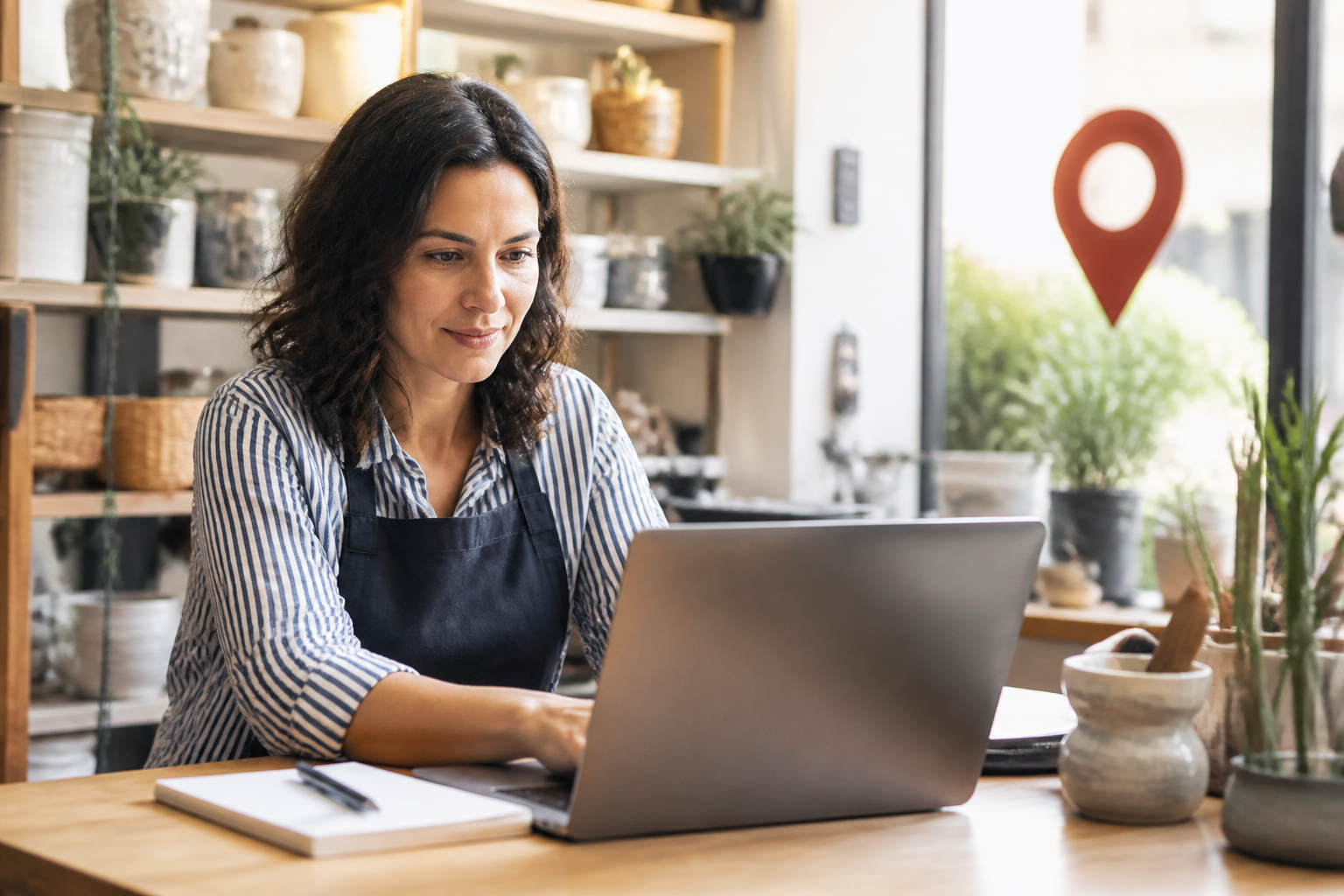 Small business owner working on on-page SEO for local business website