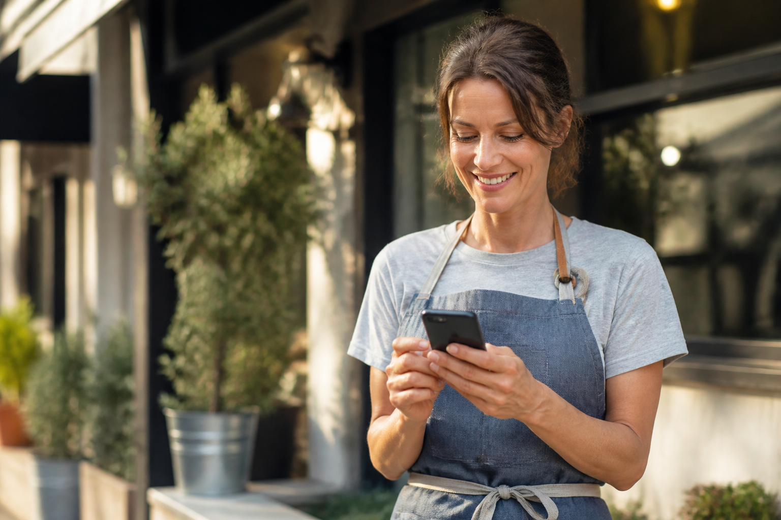 Small business owner checking on-page SEO for local business on smartphone outside shop