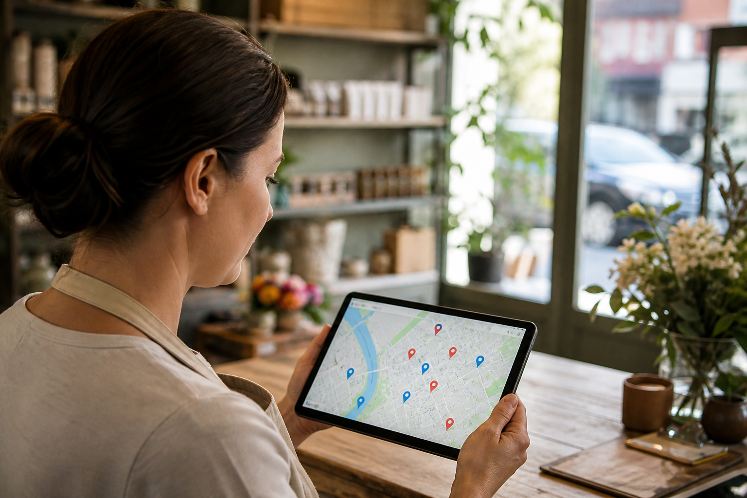 Small business owner comparing Google Maps listings to outrank competitors on Google Maps
