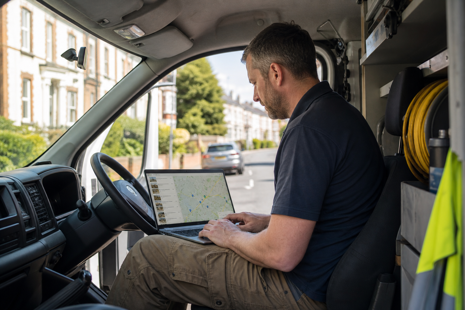 Service business owner using Semrush local keyword research on a laptop in a work van