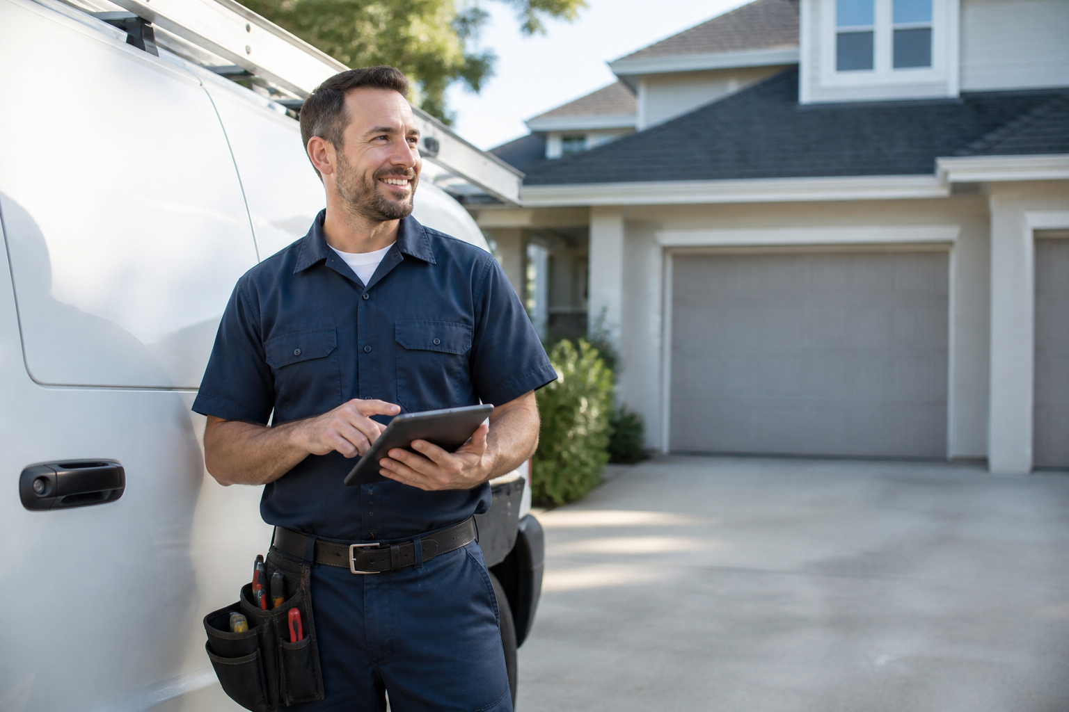 Service area business owner with van in a residential neighborhood, representing a google business service area